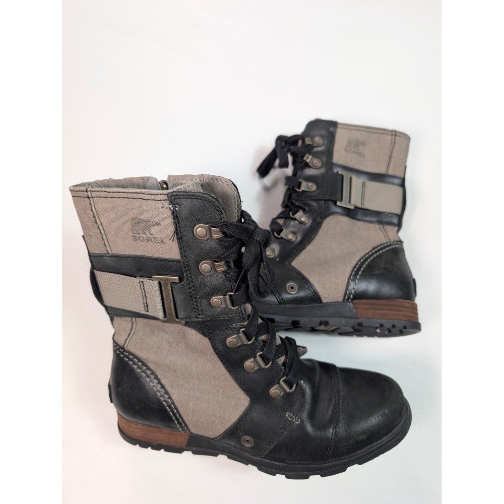 Sorel Major Carly Boots Womens Black Grill Canvas Leather Lace Up Side Zip 7.5